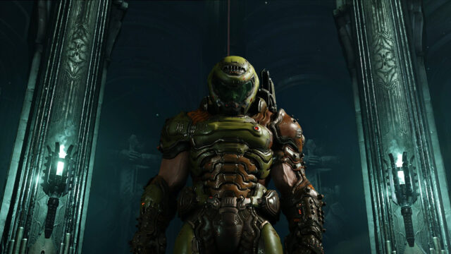The Doom Slayer Standing in a Dark Corridor 4K Wallpaper