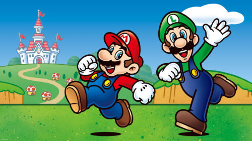 Super Mario and Luigi Running Meadow Desktop Wallpaper