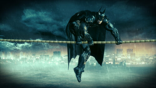 Batman Hanging from a Tightrope in Gotham City 4K Wallpaper