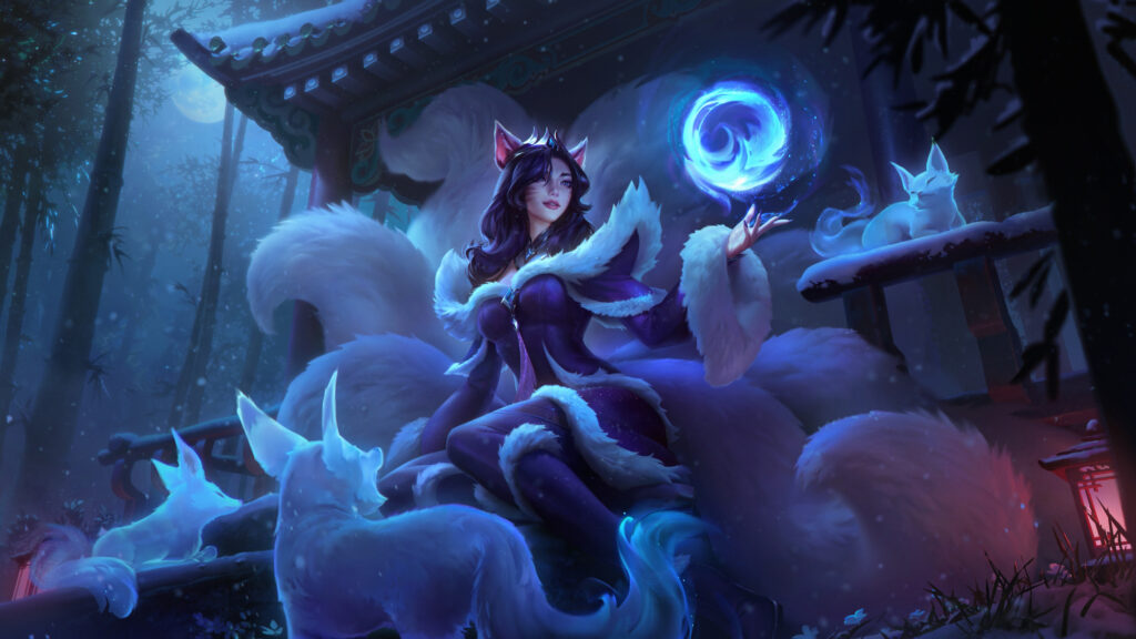 Ahri Snow Moon Fantasy Art 4K Desktop Wallpaper