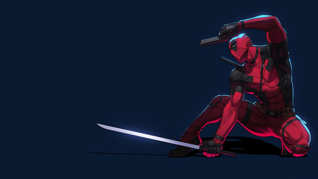 Deadpool Crouching With Sword and Pistol 4K Desktop Wallpaper