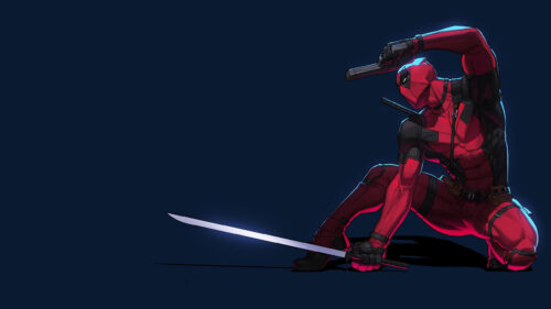 Deadpool Crouching With Sword and Pistol 4K Desktop Wallpaper