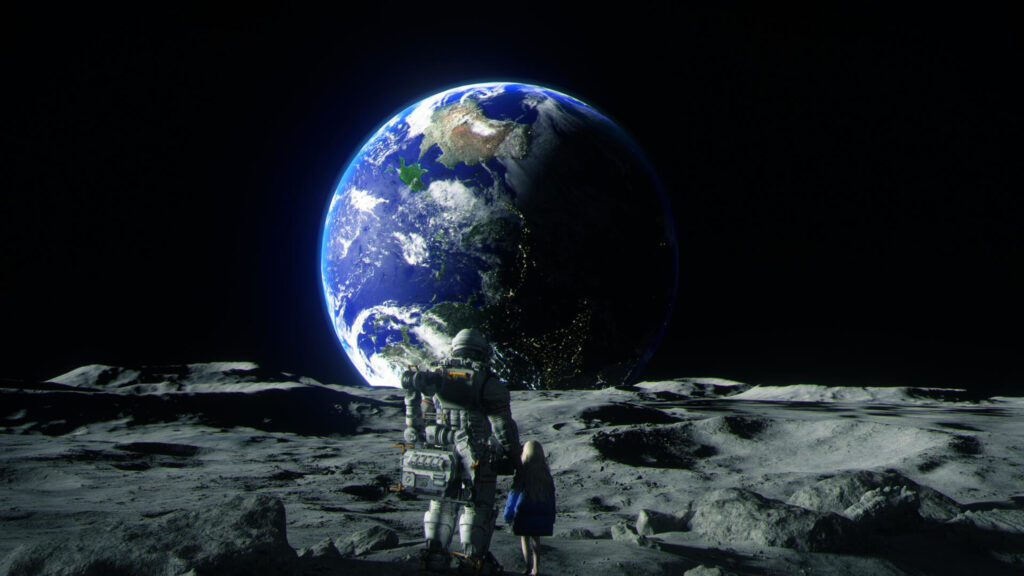 Astronaut and Child on the Moon Surface 4K Desktop Wallpaper
