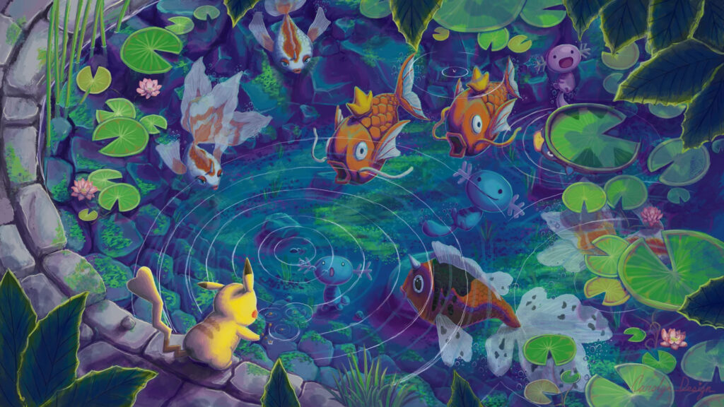 Pikachu and Pokemon Friends Pond Fantasy Desktop Wallpaper