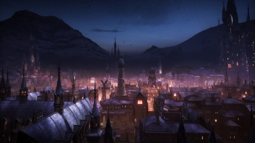 Gothic Medieval Fantasy City at Night Desktop Wallpaper