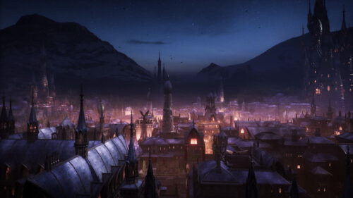 Gothic Medieval Fantasy City at Night Desktop Wallpaper