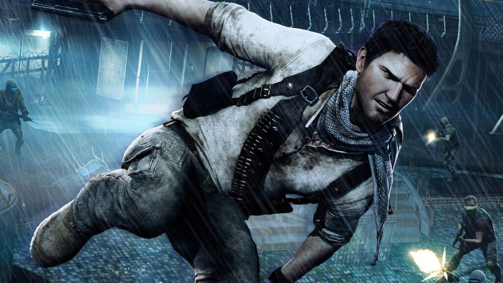 Nathan Drake Action Scene from Uncharted 3 Desktop Wallpaper