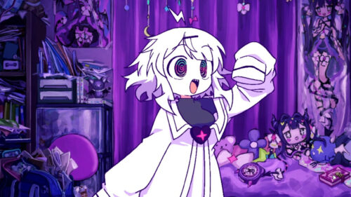 Anime Girl with Spiral Eyes in a Purple Bedroom Desktop Wallpaper
