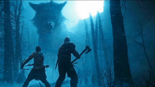 Kratos and Atreus Facing Fenrir Desktop Wallpaper