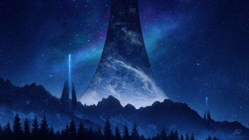 Halo Ring Mountains Night Sky 4K Wallpaper