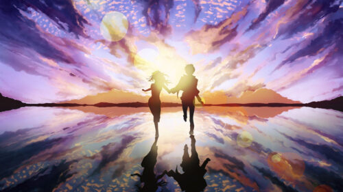 Running Couple on Reflective Water Desktop Wallpaper