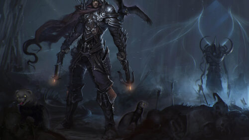 Dark Fantasy Warrior with Dual Crossbows 4K Wallpaper