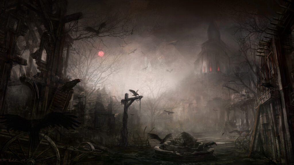 Eerie Ruined Town at Twilight Desktop Wallpaper