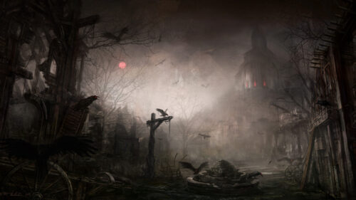 Eerie Ruined Town at Twilight Desktop Wallpaper