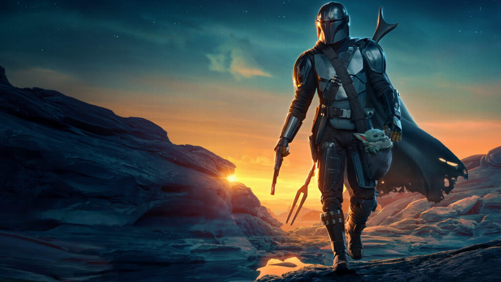 The Mandalorian and Grogu Sunset Desert Journey Desktop Wallpaper