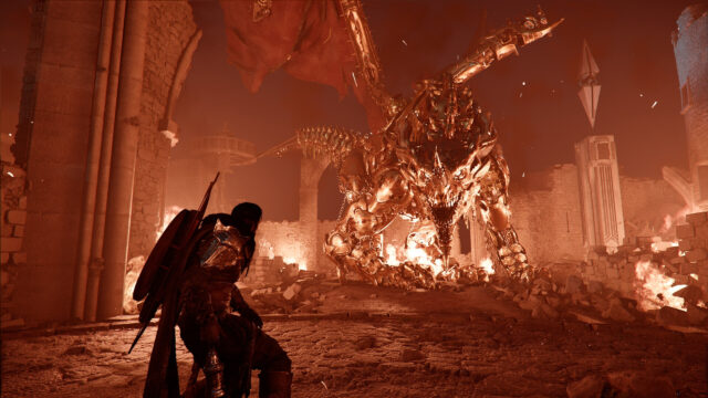 Golden Dragon Encounter in Ruins 4K Wallpaper