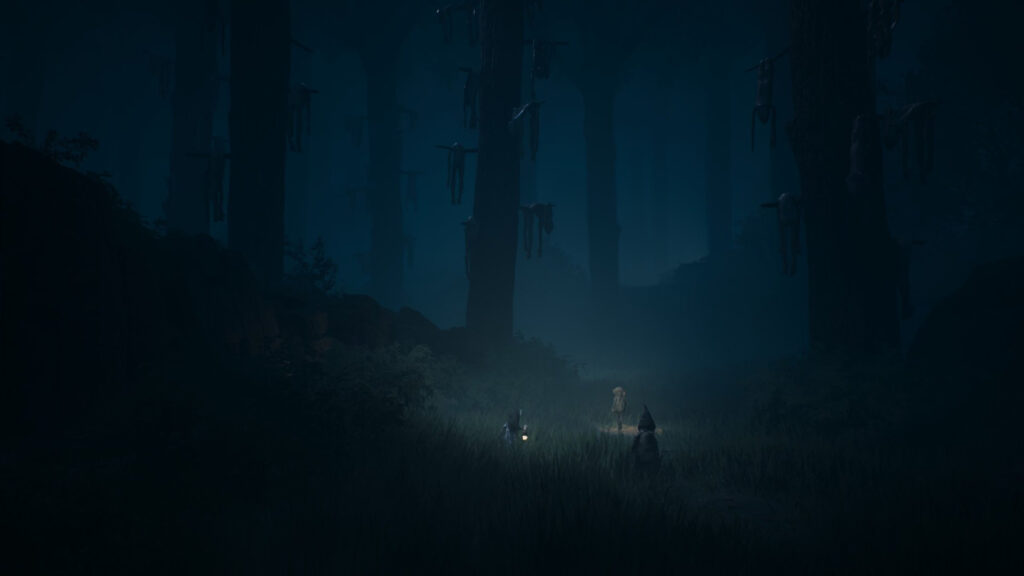 Dark Forest with Figures at Night 4K Desktop Wallpaper