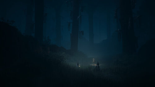 Dark Forest with Figures at Night 4K Desktop Wallpaper