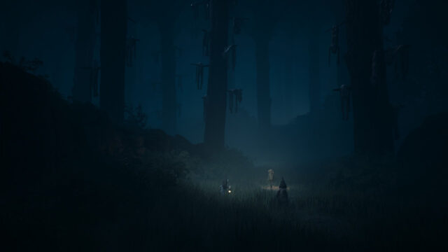 Dark Forest with Figures at Night 4K Desktop Wallpaper