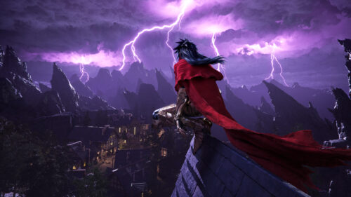 Anime Warrior Overlooking Village Desktop Wallpaper