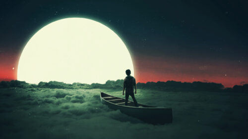 Man in Canoe Above the Clouds 4K Desktop Wallpaper
