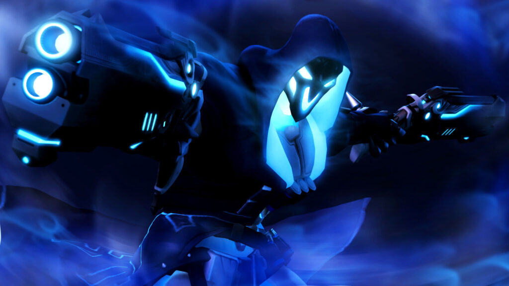 Blue Neon Reaper Hooded Warrior 4K Desktop Wallpaper