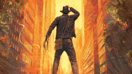 Indiana Jones Silhouette Standing Against City Skyline 4K Wallpaper