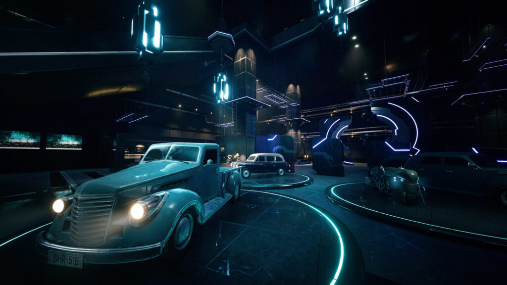 Futuristic Retro Garage Scene Desktop Wallpaper