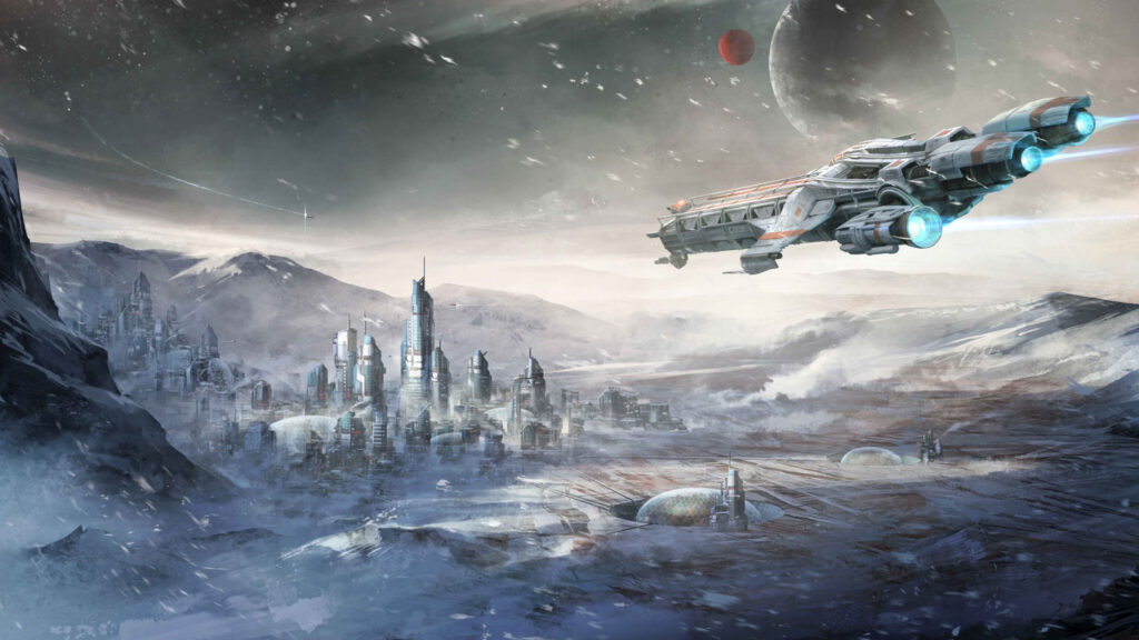 Futuristic Snow-Covered Alien Colony Desktop Wallpaper