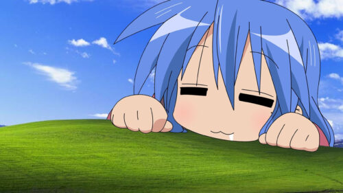 Konata Izumi Sleeping on Windows XP Hill Desktop Wallpaper
