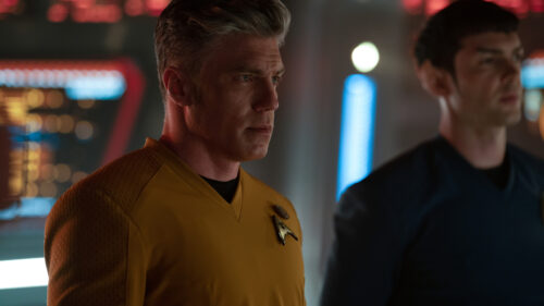 Captain Pike and Spock on Starship Bridge Desktop Wallpaper