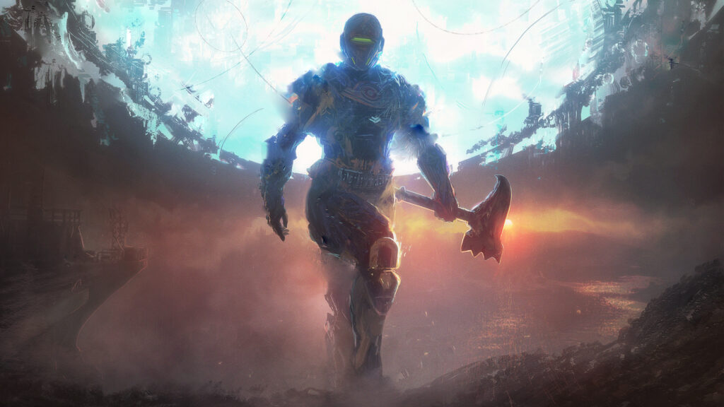 Cybernetic Warrior Holding Axe Fantasy Desktop Wallpaper