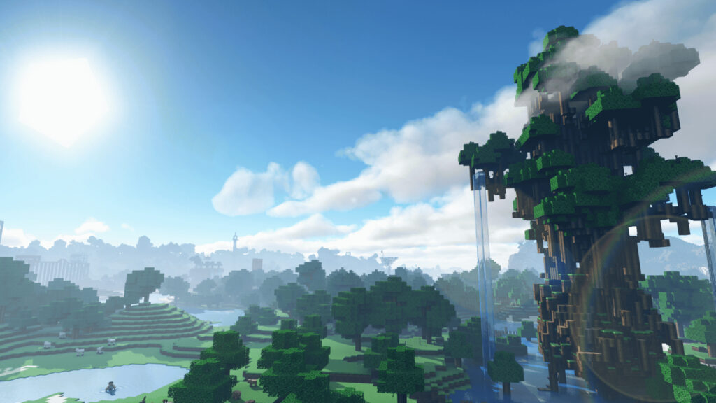Vibrant Minecraft Forest Landscape with Massive Tree Desktop Wallpaper