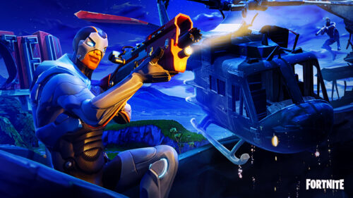 Futuristic Combat Soldier and Helicopter Desktop Wallpaper