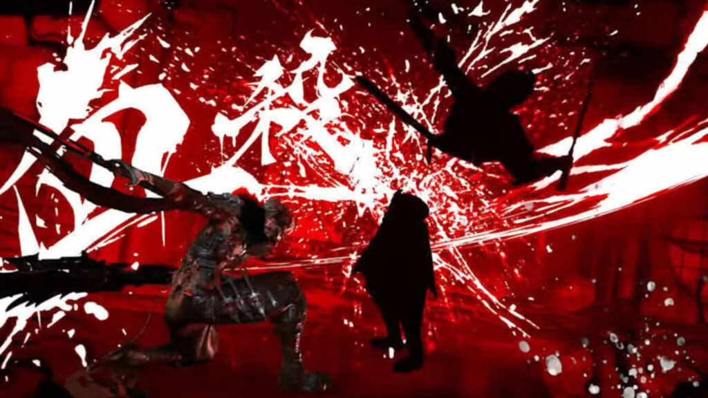 Dynamic Ninja Combat Blood Splatter 4K Desktop Wallpaper