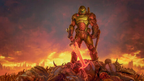 Doom Eternal Slayer Standing Upon Demon Remains Desktop Wallpaper