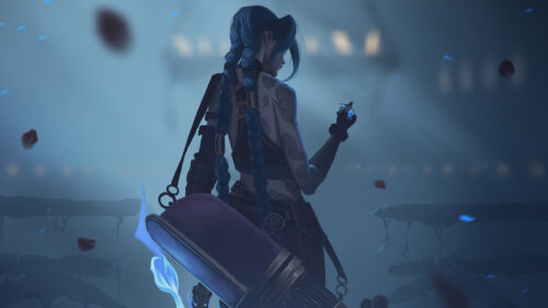 Jinx from Arcane Standing with Hextech Gemstone Desktop Wallpaper