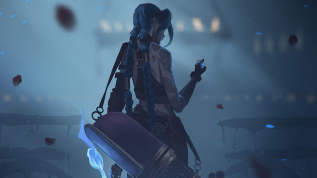 Jinx from Arcane Standing with Hextech Gemstone Desktop Wallpaper