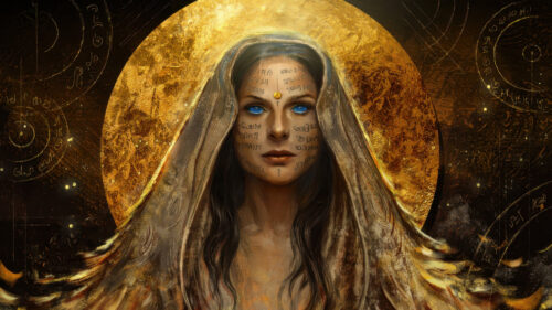 Mystical Goddess with Ancient Script Face Paint 4K Wallpaper