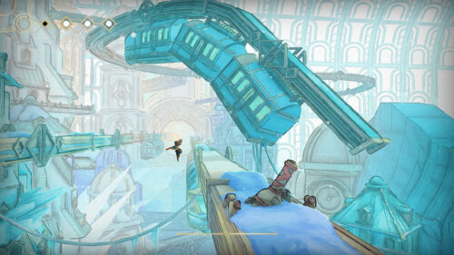 Snowy Floating Rail City Scenery Desktop Wallpaper
