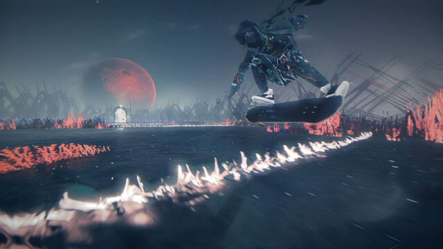 Surreal Skateboarding in a Neon Hellscape Desktop Wallpaper