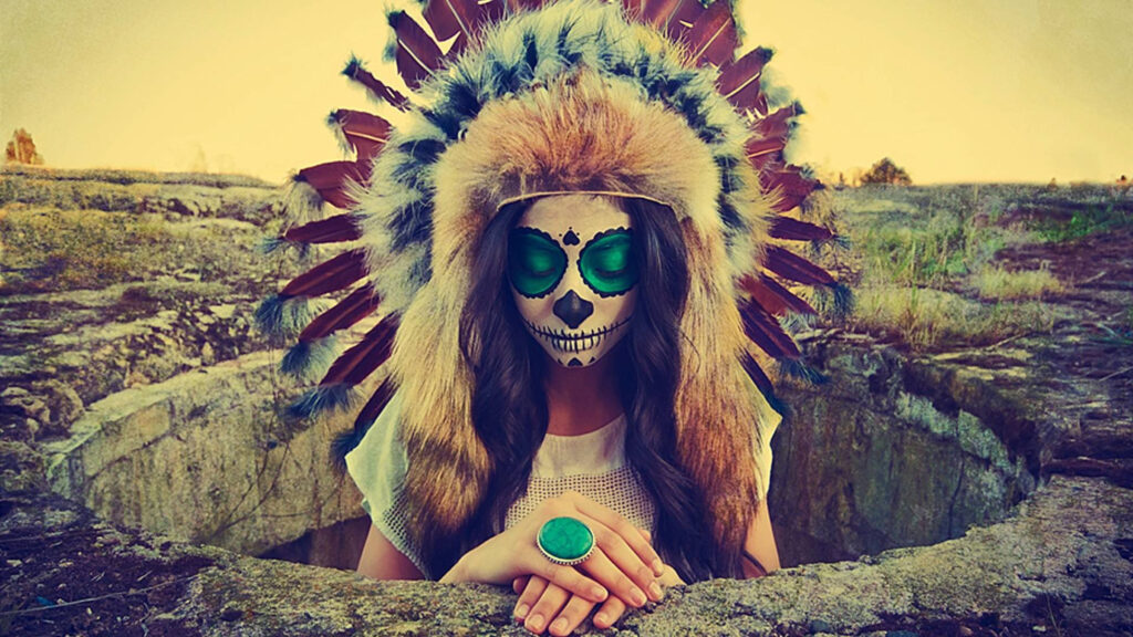 Ethereal Sugar Skull Woman in Headdress 4K Desktop Wallpaper