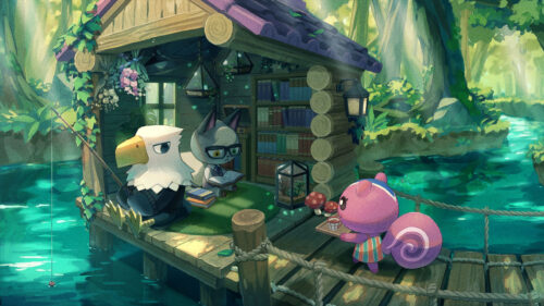 Cozy Animal Crossing Cabin by the River Desktop Wallpaper