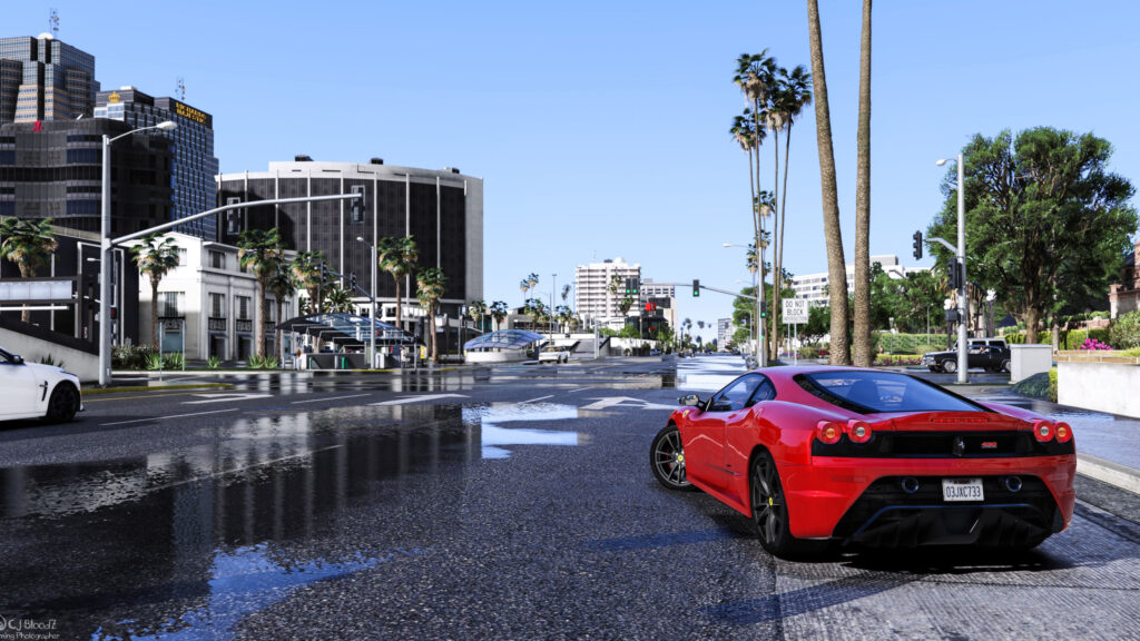 Red Ferrari Sports Car on Rainy City Street 4K Wallpaper