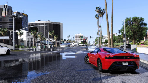 Red Ferrari Sports Car on Rainy City Street 4K Wallpaper