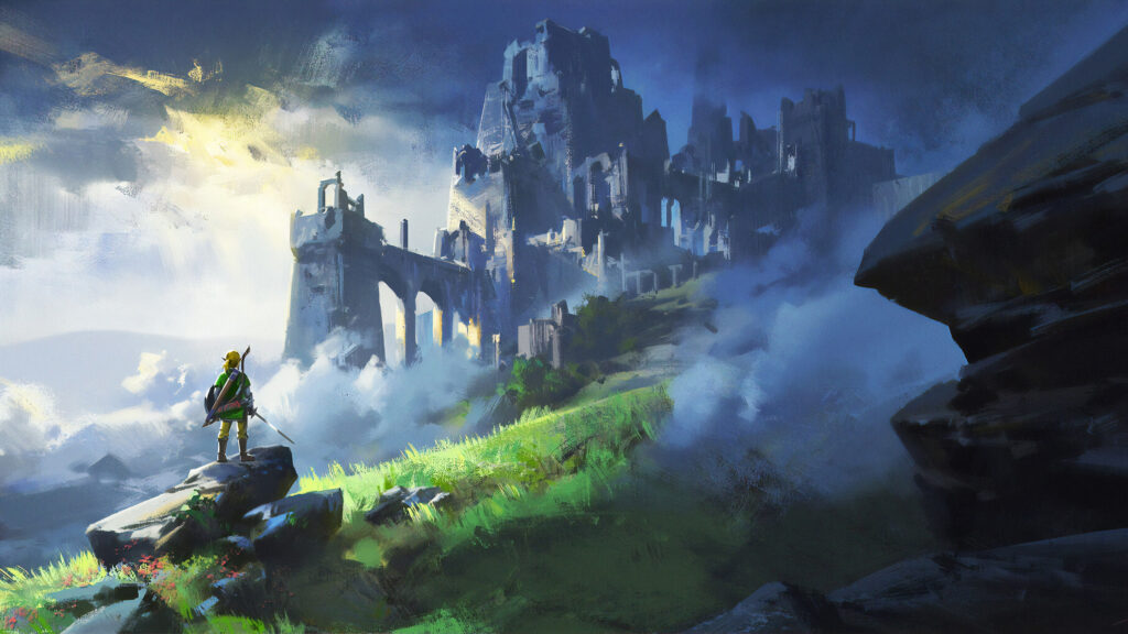 Link Standing Before a Ruined Castle Desktop Wallpaper