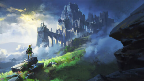 Link Standing Before a Ruined Castle Desktop Wallpaper