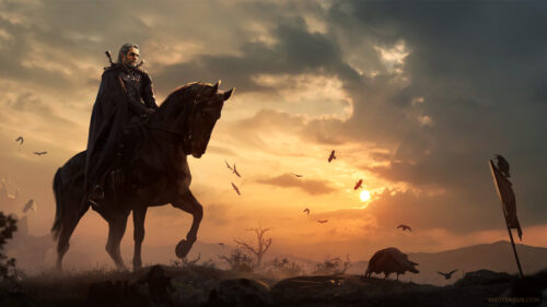 Geralt of Rivia on Horseback Sunset Fantasy PC Wallpaper