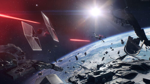 Space Battle Above a Planetary Atmosphere Desktop Wallpaper
