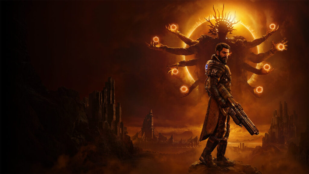 Remnant 2 Character Standing Before Burning Deity Desktop Wallpaper